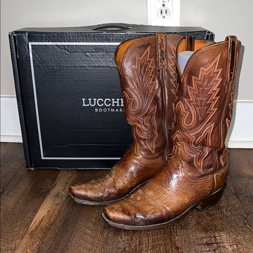 Lucchese Brown smooth ostrich Western Cowboy Boots 9D